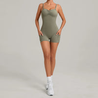 Womens Two Way Wear Bodysuit Sleeveless Yoga Stretch One Piece Romper Sexy Fitness Side Pockets Sportwears Bodysuit