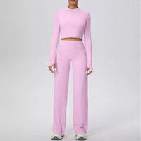 Women’s Seamless Yoga Set with long sleeve top and wide-leg pants