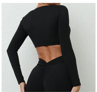 Long Sleeve Gym Crop Tops for Women Twist Deep V Workout Quick Dry Padded Sports Fitness Yoga T-Shirt