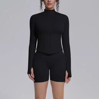 Women's Seamless Yoga Sets Sports Fitness Gym Zipper Long-Sleeve Jacket Hip Lift High-Waist Shorts Suits Workout Training Sets