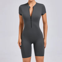 Padded Backless Yoga Cycling jumpsuit  Women Zipper GYM Sportswear Fitness One Piece Sports Suit V Back Workout Playsuit