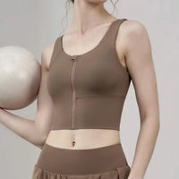Women Sports Vest Sleeveless Round Neck Zipper Closure Fitness Bra Seamless Fabric Front Zipper Removable Chest Pad Underwear