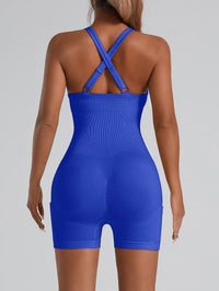 Adjustable Crisscross Back Fitness One Piece Jumpsuit Side Phone Pocket Tummy Control Athletic Yoga Bodysuit