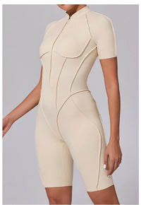 Summer Zipper Workout Jumpsuit Sports Overalls Women Running Fitness Short Sleeve Yoga Bodysuit