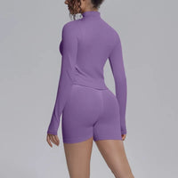 Women's Seamless Yoga Sets Sports Fitness Gym Zipper Long-Sleeve Jacket Hip Lift High-Waist Shorts Suits Workout Training Sets