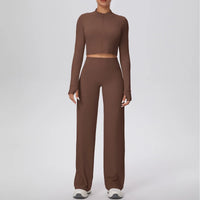 Women’s Seamless Yoga Set with long sleeve top and wide-leg pants