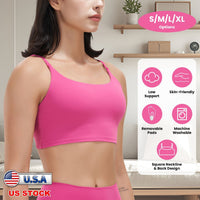 Women Strap Sport Bras Padded StrappyÊCrop Square Neck Low Impact Bras SexyÊFitnessÊTank Tops with Removable Pads Flat Straps for Gym Yoga Workout Run