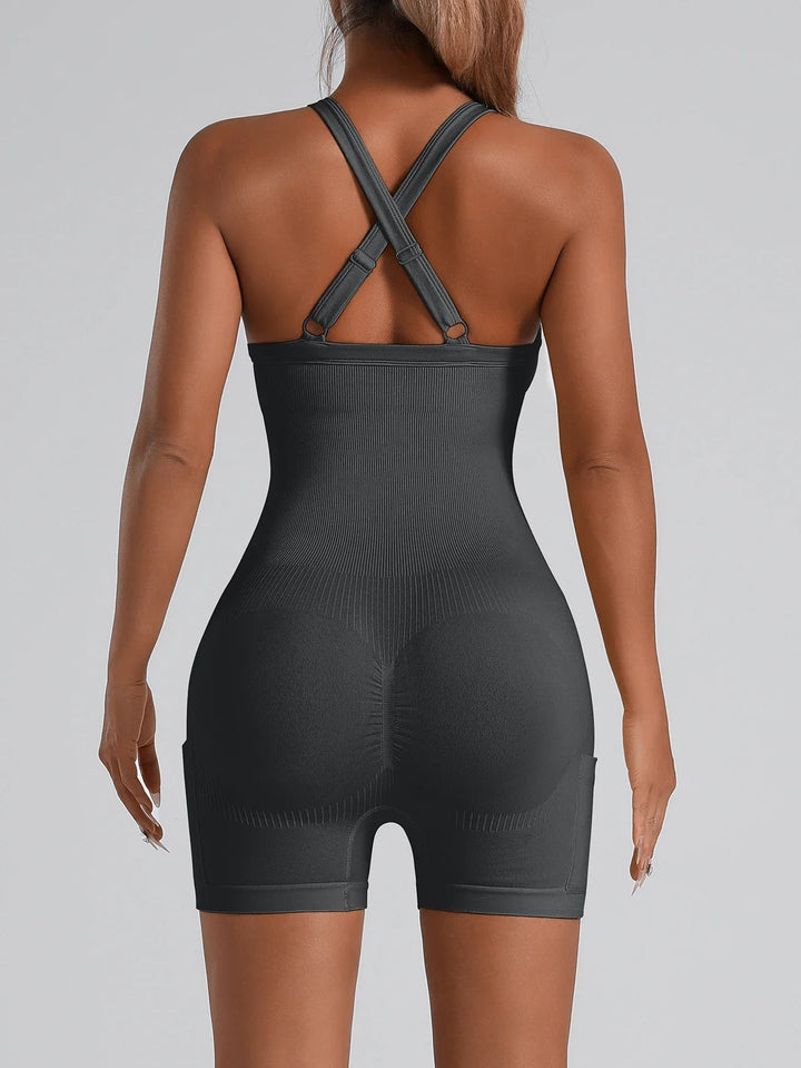 Adjustable Crisscross Back Fitness One Piece Jumpsuit Side Phone Pocket Tummy Control Athletic Yoga Bodysuit - Level Up Fitness Shop