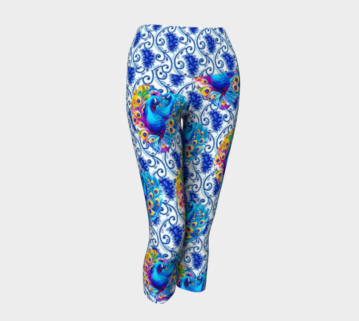 Beautiful Blue Peacocks Yoga Capri Leggings - Level Up Fitness Shop