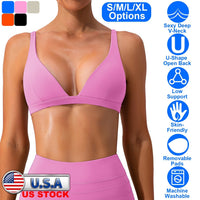 Women Deep V-Neck Sports Bras U-Shaped Back Sport Bras Padded StrappyÊCrop Open Back Low Impact Bras SexyÊFitnessÊTank Tops with Removable Pads for Gy