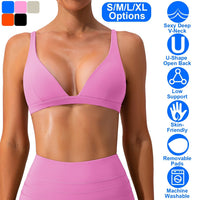Women Deep V-Neck Sports Bras U-Shaped Back Sport Bras Padded StrappyÊCrop Open Back Low Impact Bras SexyÊFitnessÊTank Tops with Removable Pads for Gy