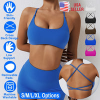 Women Cross Back Sport Bras Padded StrappyÊCrop Open Back Low Impact Bras SexyÊFitnessÊTank Tops with Removable Pads Thin Straps for Gym Yoga Workout
