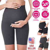 Women Maternity Shorts Seamless Pregnancy Underwear Shapewear Fitness Yoga Running Shorts High Waist Over The Belly Pants with Two Side Pockets