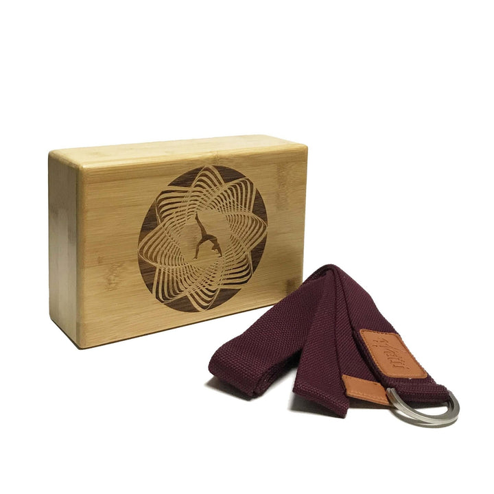 Laser Engraved Bamboo Yoga Block & Strap Combo - Circle Design - Level Up Fitness Shop