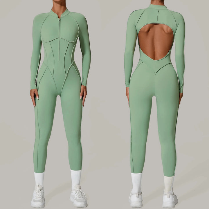 Padded Women Long Sleeve Sport Yoga Jumpsuit Workout Clothes for Women Sportwear Backless Zipper Fitness Gym Outfit - Level Up Fitness Shop
