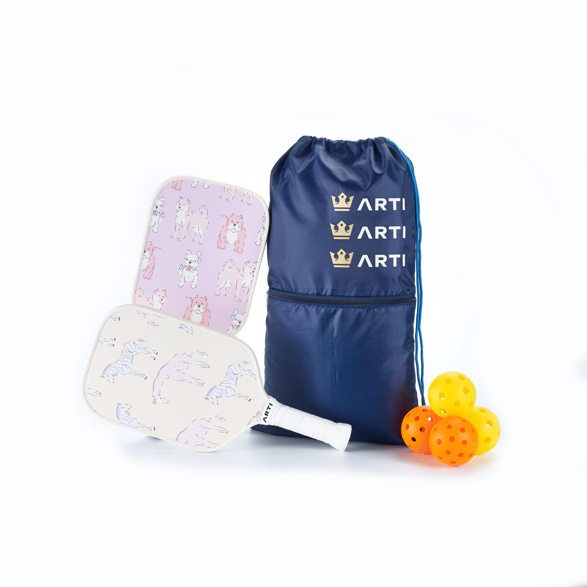 Pickleball Gift Set for 2: 2 Paddles, 4 Balls + Carry Bag | ARTI "Dogs & Giraffes" Beginner Starter Set, USA Pickleball Approved - Level Up Fitness Shop