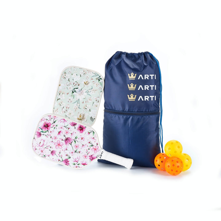 Pickleball Gift Set for 2: 2 Paddles, 4 Balls + Carry Bag | ARTI "Flowers" Beginner Starter Set, USA Pickleball Approved - Level Up Fitness Shop