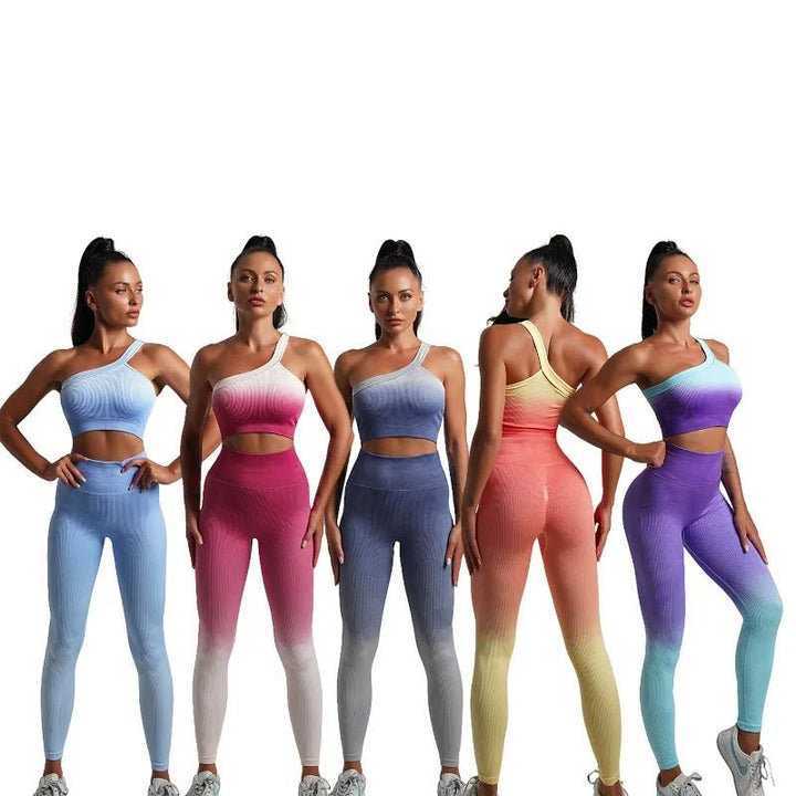 Seamless Tight Yoga Sets Sports Fitness Gradient Single Shoulder Bra High Waist Hip Lifting Pants Suits Wokout Gym Running Sets - Level Up Fitness Shop