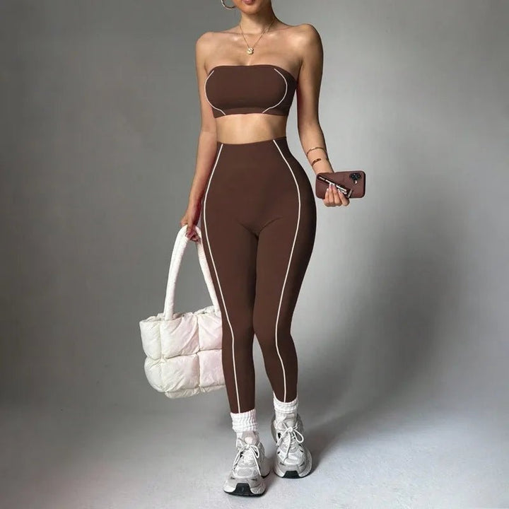 Women Strapless Bandeau Sports Bra Seamless High Waist Yoga Leggings Set Padded Workout Fitness Gym 2 Piece Outfits - Level Up Fitness Shop