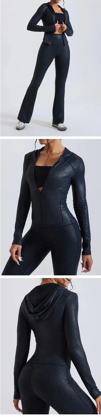Women's Nude Faux Leather Yoga Top Windproof Tight Fitting Slimming Waist Cinching Zipper Sports Jacket Outdoor and Fitness Top - Level Up Fitness Shop