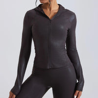 Women's Nude Faux Leather Yoga Top Windproof Tight Fitting Slimming Waist Cinching Zipper Sports Jacket Outdoor and Fitness Top - Level Up Fitness Shop