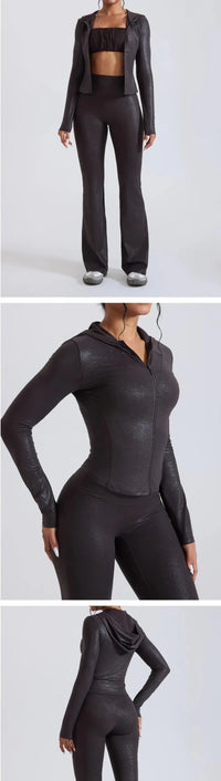 Women's Nude Faux Leather Yoga Top Windproof Tight Fitting Slimming Waist Cinching Zipper Sports Jacket Outdoor and Fitness Top - Level Up Fitness Shop
