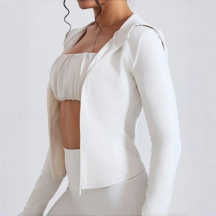 Women's Nude Faux Leather Yoga Top Windproof Tight Fitting Slimming Waist Cinching Zipper Sports Jacket Outdoor and Fitness Top - Level Up Fitness Shop