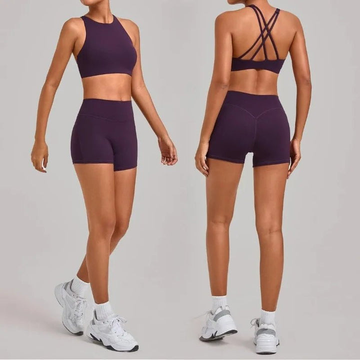 Women's Nude Yoga Sets Sports Cross Beauty Back Bra Hip-lifting Slim Fit Shorts Suits Running Fitness Workout Gym Sets - Level Up Fitness Shop