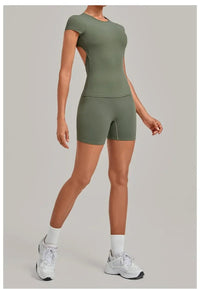 Women's Seamless Yoga Sets Sports Fitness Workout Hip-lifting High Waist Shorts Backless Short-sleeve Vest Suit Gym Training Set - Level Up Fitness Shop