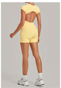 Women's Seamless Yoga Sets Sports Fitness Workout Hip-lifting High Waist Shorts Backless Short-sleeve Vest Suit Gym Training Set - Level Up Fitness Shop