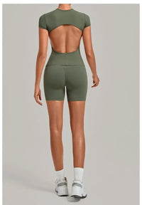 Women's Seamless Yoga Sets Sports Fitness Workout Hip-lifting High Waist Shorts Backless Short-sleeve Vest Suit Gym Training Set - Level Up Fitness Shop