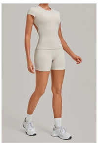 Women's Seamless Yoga Sets Sports Fitness Workout Hip-lifting High Waist Shorts Backless Short-sleeve Vest Suit Gym Training Set - Level Up Fitness Shop