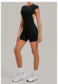 Women's Seamless Yoga Sets Sports Fitness Workout Hip-lifting High Waist Shorts Backless Short-sleeve Vest Suit Gym Training Set - Level Up Fitness Shop