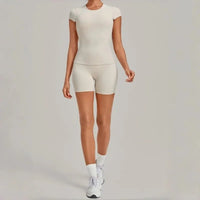 Women's Seamless Yoga Sets Sports Fitness Workout Hip-lifting High Waist Shorts Backless Short-sleeve Vest Suit Gym Training Set - Level Up Fitness Shop