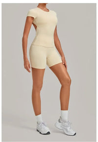 Women's Seamless Yoga Sets Sports Fitness Workout Hip-lifting High Waist Shorts Backless Short-sleeve Vest Suit Gym Training Set - Level Up Fitness Shop