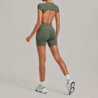 Women's Seamless Yoga Sets Sports Fitness Workout Hip-lifting High Waist Shorts Backless Short-sleeve Vest Suit Gym Training Set - Level Up Fitness Shop