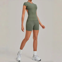 Women's Seamless Yoga Sets Sports Fitness Workout Hip-lifting High Waist Shorts Backless Short-sleeve Vest Suit Gym Training Set - Level Up Fitness Shop