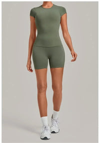 Women's Seamless Yoga Sets Sports Fitness Workout Hip-lifting High Waist Shorts Backless Short-sleeve Vest Suit Gym Training Set - Level Up Fitness Shop