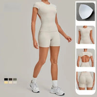 Women's Seamless Yoga Sets Sports Fitness Workout Hip-lifting High Waist Shorts Backless Short-sleeve Vest Suit Gym Training Set - Level Up Fitness Shop
