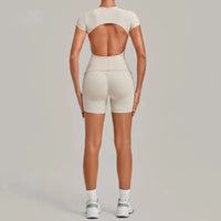 Women's Seamless Yoga Sets Sports Fitness Workout Hip-lifting High Waist Shorts Backless Short-sleeve Vest Suit Gym Training Set - Level Up Fitness Shop