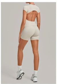 Women's Seamless Yoga Sets Sports Fitness Workout Hip-lifting High Waist Shorts Backless Short-sleeve Vest Suit Gym Training Set - Level Up Fitness Shop