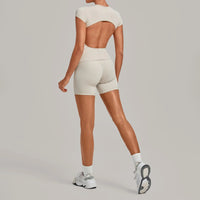 Women's Seamless Yoga Sets Sports Fitness Workout Hip-lifting High Waist Shorts Backless Short-sleeve Vest Suit Gym Training Set - Level Up Fitness Shop