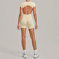 Women's Seamless Yoga Sets Sports Fitness Workout Hip-lifting High Waist Shorts Backless Short-sleeve Vest Suit Gym Training Set - Level Up Fitness Shop