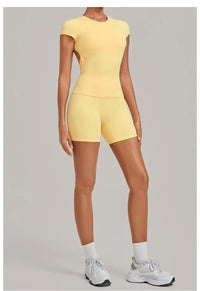 Women's Seamless Yoga Sets Sports Fitness Workout Hip-lifting High Waist Shorts Backless Short-sleeve Vest Suit Gym Training Set - Level Up Fitness Shop