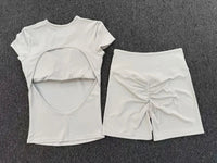Women's Seamless Yoga Sets Sports Fitness Workout Hip-lifting High Waist Shorts Backless Short-sleeve Vest Suit Gym Training Set - Level Up Fitness Shop
