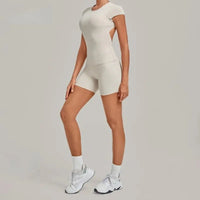 Women's Seamless Yoga Sets Sports Fitness Workout Hip-lifting High Waist Shorts Backless Short-sleeve Vest Suit Gym Training Set - Level Up Fitness Shop
