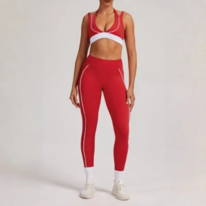 Women's Yoga Sets Sports Fitness V-Neck Halter Sports Bra Color-Block Hip-lifting Pants Suits Running Training Workout Gym Sets - Level Up Fitness Shop