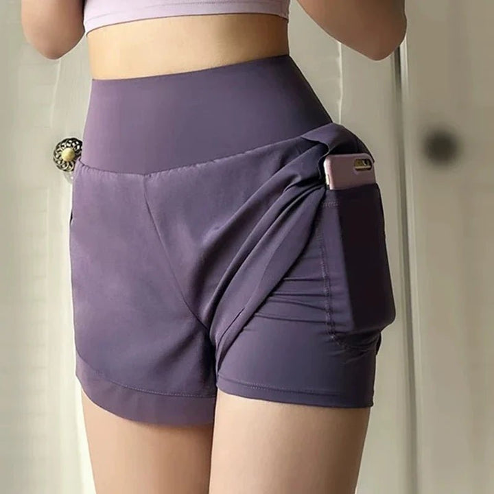 Women's yoga shorts, summer mesh fake two-piece quick drying anti glare fitness high waisted yoga pants - Level Up Fitness Shop