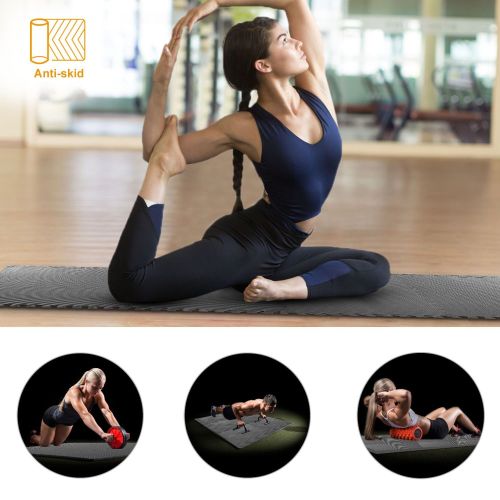 Anti-skid EVA foam puzzle exercise mat shown with woman doing yoga and workout exercises